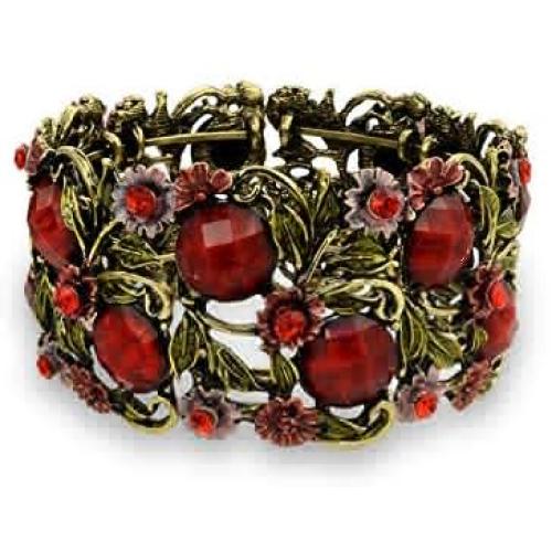 Bling Jewelry Wide Red Crystal Flower Statement Cuff Bracelet for Women Flexible Oxidized Gold Plated