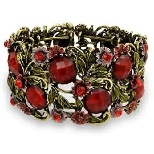 Bling Jewelry Wide Red Crystal Flower Statement Cuff Bracelet for Women Flexible Oxidized Gold Plated