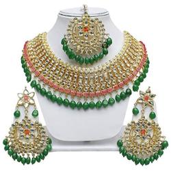 Finekraft Meena Kundan Bridal Wedding Designer Gold Plated Pearls Necklace Jewelry Set