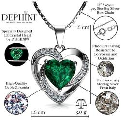 DEPHINI - Green Heart Necklace - 925 Sterling Silver - Peridot Birthstone Embellished with Branded Crystal Pendant - Fine Jewellery Woman Necklace 18'' Rhodium Plated Silver Chain - Cubic Zirconia