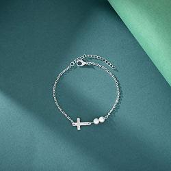Adflyco Boho Cross Bracelet Silver Pearl Bracelet Hand Chain Jewelry for Women and Girls