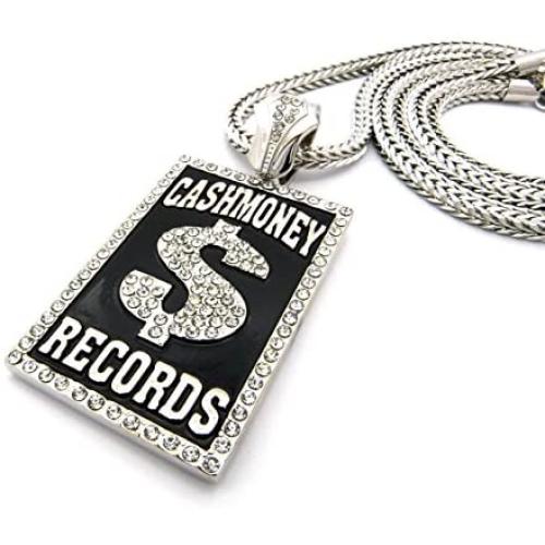 Shiny Jewelers USA Mens Iced Out Hip Hop Silver or Gold Cash Money Records Pendant Franco Chain Necklace
