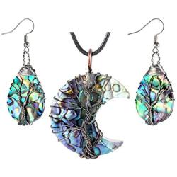 SUNYIK Natural Abalone Shell Tree of Life Dangle Earrings & Shell Half-Moon Pendant Necklace Jewelry Set