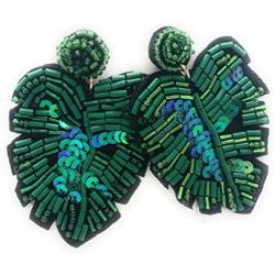 Dark Green Tropical Sequin Palm Leaves Dangle Earrings for Women Sparkle Leaf Drop Earring Statement Jewelry Hawaii Destination Wedding