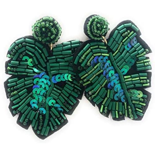 Dark Green Tropical Sequin Palm Leaves Dangle Earrings for Women Sparkle Leaf Drop Earring Statement Jewelry Hawaii Destination Wedding