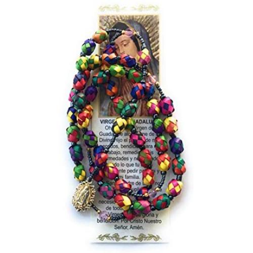 Handmade Our Lady of Guadalupe Virgin colored palm Rosary with Christian Catholic prayer Long Necklace Rosario de palma con dije de la Virgen de Guadalupe hecho a mano Religious Jewelry