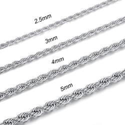 LOYALLOOK 2.5-5MM Twist Rope Chain Stainless Steel Necklace 16-32 Inches Men Women Jewelry, Silver Tone