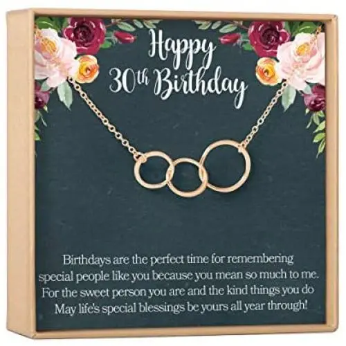 Dear Ava 30th Birthday Gift Necklace - Necklace has 3 Asymmetrical Interlocking Circles and Comes in Rose Gold Plated Brass Dear Ava 30th Birthday Gift Necklace - Necklace has 3 Asymmetrical Interlocking Circles and Comes in Rose Gold Plated Brass