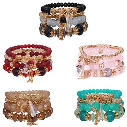 NSLS 5 Sets Boho Bracelets for Women Multilayer Stackable Sparkly Crystal Beaded Stretch Bracelets Set for Teen Girls Bead Bracelet Jewelry Set