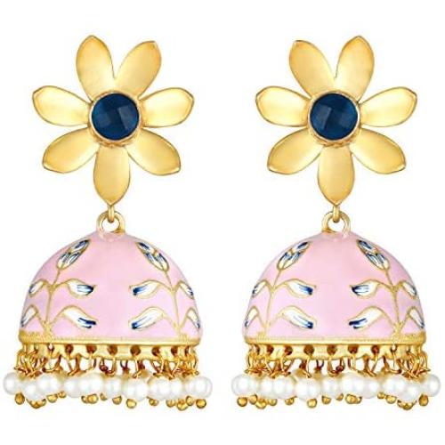 Aheli Beautiful Wedding Festive Wear Floral Design Dangle Jhumki Jhumka Earrings with Meenakari Work Indian Ethnic Fashion Jewelry for Women Girls