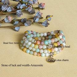 Bivei 108 Mala Beads Bracelet - Genuine Gemstone Mala Prayer Beads Lotus Charm Meditation Necklace