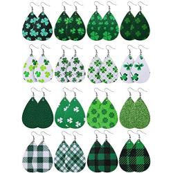 16 Pairs St. Patricks Day Shamrock Dangle Earring Faux Leather Clover Drop Earrings Green Plaid Teardrop Earrings