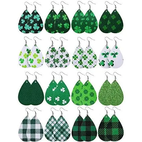 16 Pairs St. Patricks Day Shamrock Dangle Earring Faux Leather Clover Drop Earrings Green Plaid Teardrop Earrings