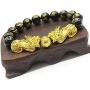 Feng Shui Amulet Bracelet Prosperity 12mm Mantra Bead Bracelet with Double Gold Plated Pi Xiu/Pi Yao Attract Lucky and Wealthy Bangle