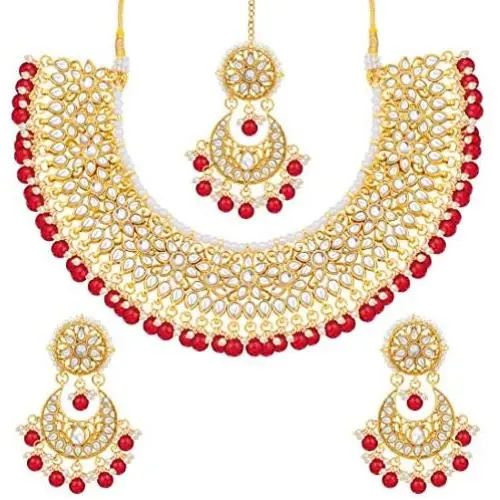 Aheli Faux Kundan Beads Strand Necklace Earrings Maang Tikka Bollywood Traditional Fashion Statement Jewelry Set for Women