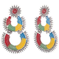 Efulgenz Boho Vintage Antique Gypsy Tribal Indian Oxidized Silver Enamel Floral Chandbali Big Dangle Earrings Set Jewelry