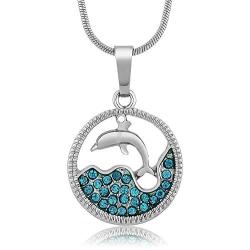 Gem Stone King Stunning Dolphin and Sea in a Circle with Blue Crystals Pendant 16inches Chain