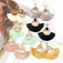 RIAH FASHION Bohemian Lightweight Silky Thread Fan Tassel Statement Drop Earrings - Embellished Fringe Dangles Filigree Chandelier Duster, Printed Wood, Cork