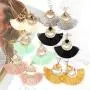 RIAH FASHION Bohemian Lightweight Silky Thread Fan Tassel Statement Drop Earrings - Embellished Fringe Dangles Filigree Chandelier Duster, Printed Wood, Cork