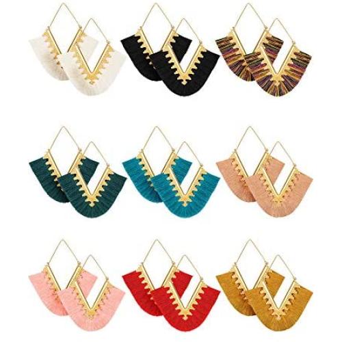 9 Pairs Tassel Statement Earrings Bohemian Fringe Silky Dangle Earrings V Shaped Handmade Geometric Triangle Drop Earrings for Women Girls