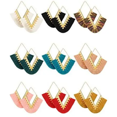 9 Pairs Tassel Statement Earrings Bohemian Fringe Silky Dangle Earrings V Shaped Handmade Geometric Triangle Drop Earrings for Women Girls 9 Pairs Tassel Statement Earrings Bohemian Fringe Silky Dangle Earrings V Shaped Handmade Geometric Triangle Drop Earrings for Women Girls