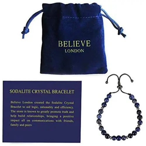 Believe London Sodalite Bracelet with Jewelry Bag & Meaning Card | Strong Elastic | Precious Natural Stones Crystal Healing Gemstone Believe London Sodalite Bracelet with Jewelry Bag & Meaning Card | Strong Elastic | Precious Natural Stones Crystal Healing Gemstone
