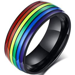 yfstyle Rainbow Pride Rings for Women Men Gay Lesbian 8mm Stainless Steel Engagement Rings Black Silver Plated LGBT Ring Size 6 to 15 LGBTQ Jewelry Gifts