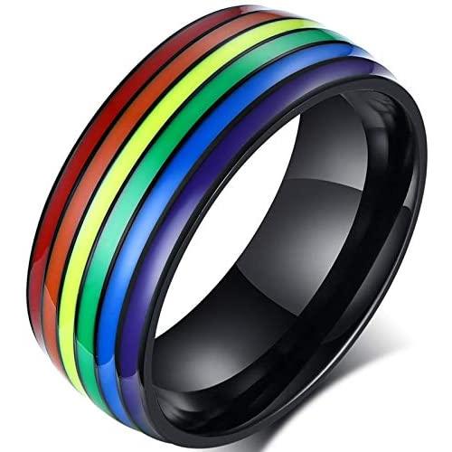 yfstyle Rainbow Pride Rings for Women Men Gay Lesbian 8mm Stainless Steel Engagement Rings Black Silver Plated LGBT Ring Size 6 to 15 LGBTQ Jewelry Gifts