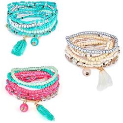 Colorful Beaded Wrap Bracelet, Summer Beach Beads Bangle Jewelry, Bohemian Stackable Bead Bracelets, Bohemian Stretch Bead Multilayer Tassels Bracelet for Women and Girl(Blue)