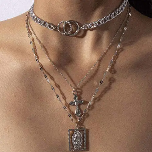 Favelo Religious Layered Choker Necklace Silver Interlocking Circle Cross Pendant Necklaces Chain Hollow Rectangle Chain Jewelry Adjustable for Women and Girls (Silver)