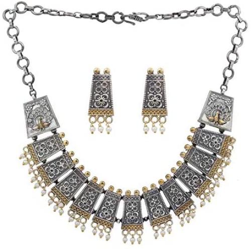 Aheli Vintage Inspired Intricate Crafted Indian Oxidized Boho Bohemein Statement Necklace Earrings Set Ethnic Tribal Fashion Jewelry for Women