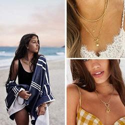 4PCS Gold Layered Chain Necklace set for Women Girls Boho Pendant with Lock Coin Chunky Link Chain Jewelry for Christmas Gift