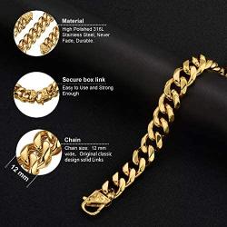 Jewelry Kingdom 1 Cuban Link Chain Necklace Bracelet for Men and Women 18K Gold High Polish Stainless Steel Diamond Cut Curb Link Chain with Cast Flower Clasp 12MM 8inches to 30inches