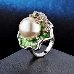 HSQYJ Lotus Leaf Frog Crystal Ring Enamel Pearl Flower Cute Animal Rings Jewelry Rhinestone Statement Rings for Women Girl