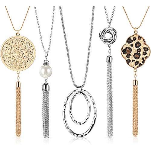Hicarer 5 Pieces Tassel Long Necklaces for Women Knot Disk Tassel Statement Sweater Chain Necklace Set