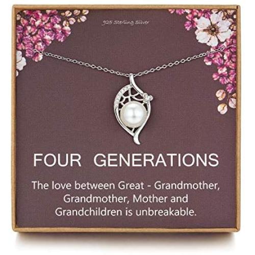 Four Generations Gift for Great Grandma - Sterling Silver Single Pearl Pendant Leaf Crystal CZ Generation Necklace for Great Grandmother, Mom Gift, Nana Gifts from Grandchildren, Mothers Day Jewelry
