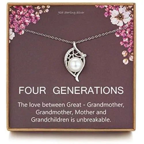Four Generations Gift for Great Grandma - Sterling Silver Single Pearl Pendant Leaf Crystal CZ Generation Necklace for Great Grandmother, Mom Gift, Nana Gifts from Grandchildren, Mothers Day Jewelry Four Generations Gift for Great Grandma - Sterling Silver Single Pearl Pendant Leaf Crystal CZ Generation Necklace for Great Grandmother, Mom Gift, Nana Gifts from Grandchildren, Mothers Day Jewelry