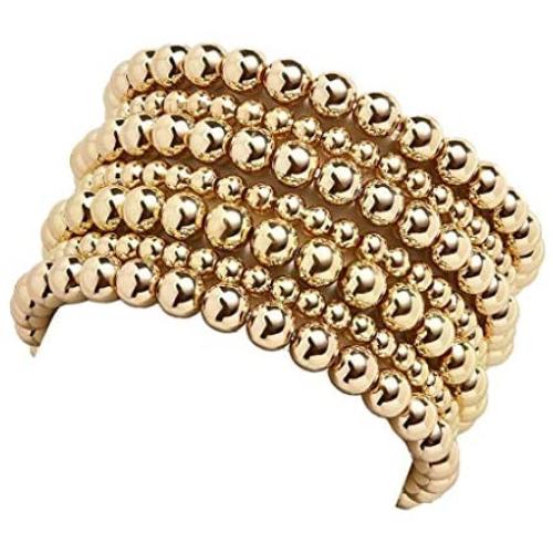 The Woos Stackable Flat Brass Bead Ball Stretch Bracelet Bangle Set Gold Beaded Bracelets Bead Ball Stretchable Elastic Bracelet Simple Delecate Jewelry for Women Girl