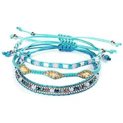 The Belchers 3pcs Evil Eye Waterproof Braided Wax Rope Friendship Bracelets Set Seed Beads String Ocean Surfer Bangle Anklet for Women Girls Handmade Adjustable Boho Bohemian Jewelry -Blue Evil Eye