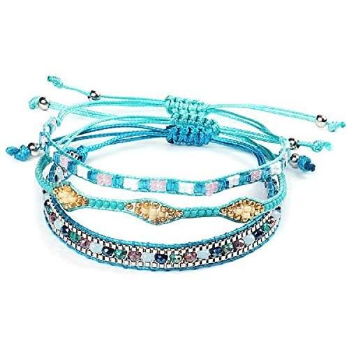 The Belchers 3pcs Evil Eye Waterproof Braided Wax Rope Friendship Bracelets Set Seed Beads String Ocean Surfer Bangle Anklet for Women Girls Handmade Adjustable Boho Bohemian Jewelry -Blue Evil Eye