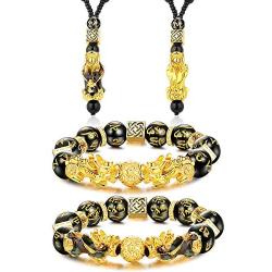 FIBO STEEL 4 Pcs Feng Shui Black Obsidian Wealth Bracelet Necklace Set for Men Women Good Lucky Nafu Necklaces Black Bead Bracelet Jewelry Adjustable