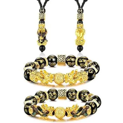 FIBO STEEL 4 Pcs Feng Shui Black Obsidian Wealth Bracelet Necklace Set for Men Women Good Lucky Nafu Necklaces Black Bead Bracelet Jewelry Adjustable FIBO STEEL 4 Pcs Feng Shui Black Obsidian Wealth Bracelet Necklace Set for Men Women Good Lucky Nafu Necklaces Black Bead Bracelet Jewelry Adjustable