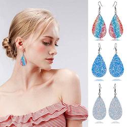 6 Pairs Punk Leather Dangle Earrings Sparkling Double Side Sequins Teardrop Leather Earrings Boho Lightweight Leather Drop Earring Set for Women and Girls