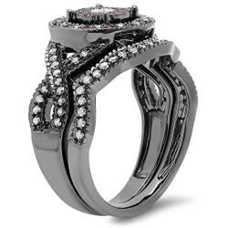 Dazzlingrock Collection Black Rhodium Plated White Diamond and Pink Sapphire Ring Set, Sterling Silver