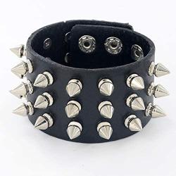 2Pcs Punk Leather Spike Studded Bracelet Set Rivet Biker Strap Leather Cuff Wrap Bangle Bracelet Wide Snap Button Bracelets for Unisex