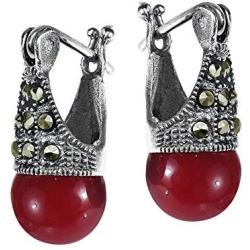 Reconstructed Red Coral and Marcasite Style Pyrite Vintage Flair 8 mm .925 Sterling Silver Huggie Earrings