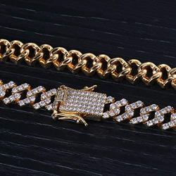 TOPGRILLZ 10mm 6 Times 14K Gold Plated Iced Out Lab Diamond Prong Setting Long Buckle Miami Cuban Link Choker Chain Necklace for Men