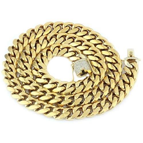 GOLD IDEA JEWELRY 14k Gold Plated Stainless Steel Thick Miami Cuban Link Chain with Lab Diamond Clasp Mens Hip Hop Necklace or Bracelet