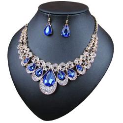 Crystal Glass Water Droplets Large Stones Necklace and Stud Earrings Set for Women