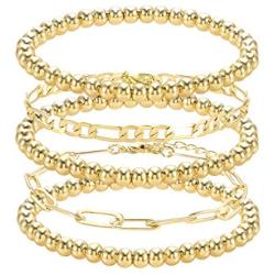 Beaded Bracelets for Women Stack Stretch Gold Silver Small Ball Beads Bracelets Dainty Paperclip Figaro Link Chain Bracelet Ankle for His and Her